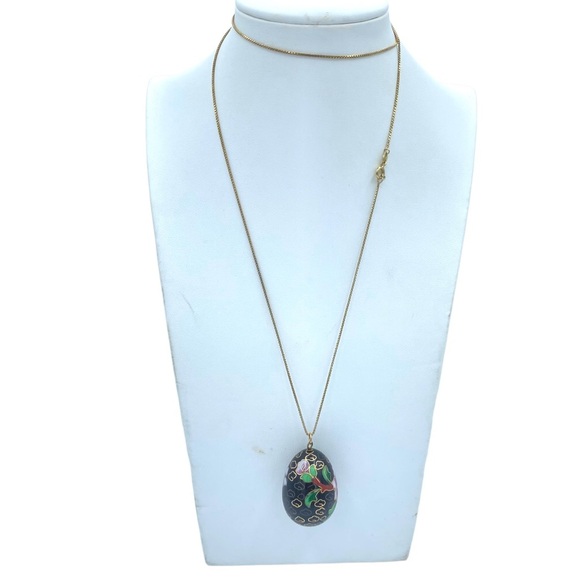 Vintage black Cloisonné black Easter egg shape long gold Sterling silver chain - Picture 11 of 13